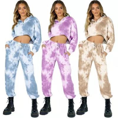 China Anti-pilling Hot Sale Casual Long Sleeve Sweater Set Stand Collar Zipper Tie Dye Pants Hoodie Set for sale