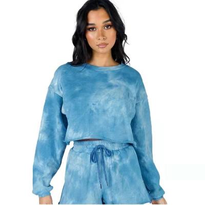 China Anti-pilling hot Amazon sale autumn and winter round neck pocket sports shorts ladies tie-dye long-sleeved sweater suit for sale