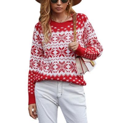 China 2021 Autumn New Christmas Winter Sweater Ladies Anti-wrinkle Snowflake Holiday Knitted Round Neck Sweater for sale