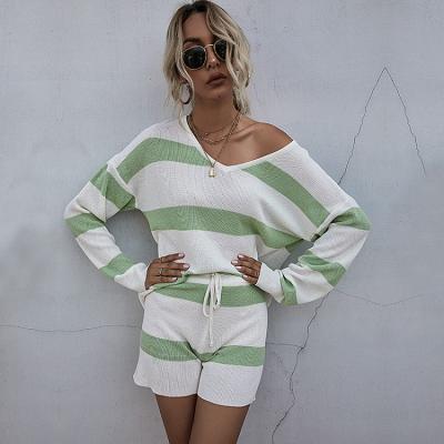 China 2021 Hot Sale O-neck Splice Sweater Oversized QUICK DRY Shorts Knitted Horizontal Stripes Women's 2 Piece Sets for sale