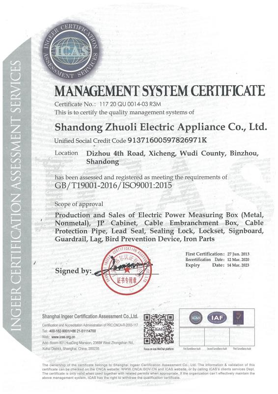 ISO9001 - Shandong Zhuo Li Electric Appliance Co., Ltd.