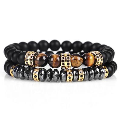 China Latest 8mm FASHIONABLE Stone Bracelet Set , Black Agate Beads Beaded Mens Bracelet With Micro Pave Crystal Beads for sale