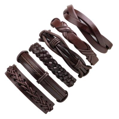 China Jewelry Punk Fashion Youcheng Wax Leather Rope Braided Wristband Men Six-piece Leather Bracelet for sale