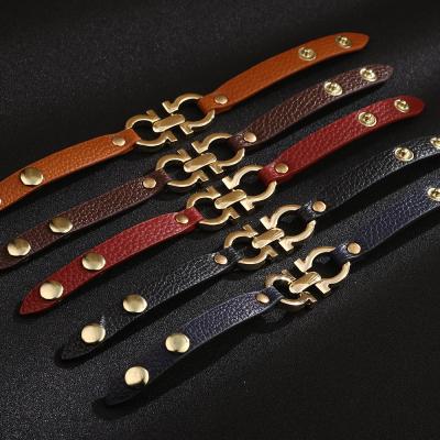 China 2021 Fashion Women Simple Trendy PU Leather Alloy Bracelet Geometric Buckle Leather Bracelet for sale