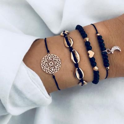 China Alloy Braided Love Crescent Boho Bracelet BOHEMIA Shell Black Hollow Carved Bracelet for sale