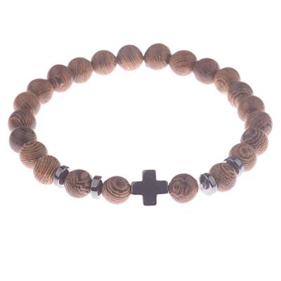 China Fashion TRENDY Wooden Beads Elastic Band Beaded Bracelet, Hematite Cross Bracelet for sale