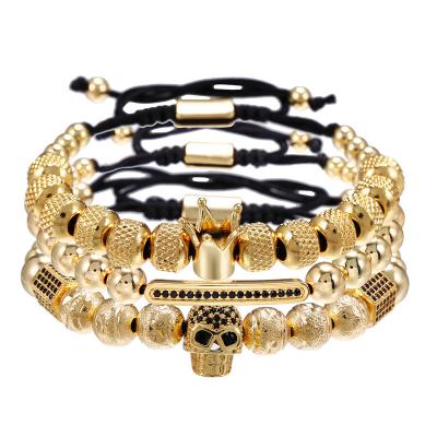 China FASHIONABLE Micro Inlaid Zircon Skull Charm Bracelet Copper Beads Beaded Crown Bracelet Punk Adjustable Men for sale