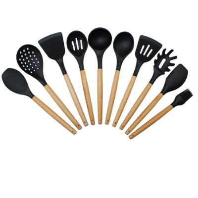 China Sustainable Kitchen Accessories Non-stick Kitchen Utensils 10pcs Set Kitchenware Soft Silicone With Wooden Handles for sale