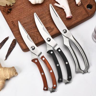 China Hot Selling Wooden Handle Kitchen Wooden Scissors 304 Stainless Steel Super Strong Chicken Bone Pointed Scissors for sale