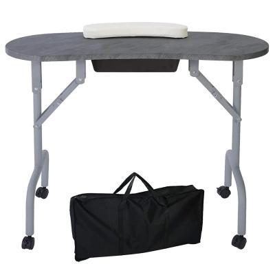 China Mobile Nail Art Desk Portable Folding Metal Nail Table Manicure Workstation with Big Drawer, Sponge Wrist Pad, Lockable 4 Wheel for sale