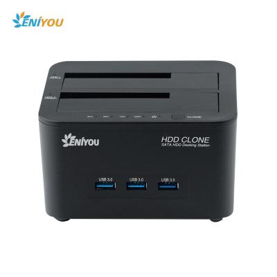 China Plastic Dual Bay USB 3.0 To SATA HDD Clone Docking Station With 3 Ports USB 3.0 Data Transfer for sale