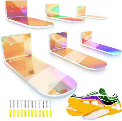 China BSCI Eco-friendly Factory Iridescent Acrylic Floating Shoe Display, Wall Mounted Rainbow Sneaker Shelves Display Stand For Collections for sale