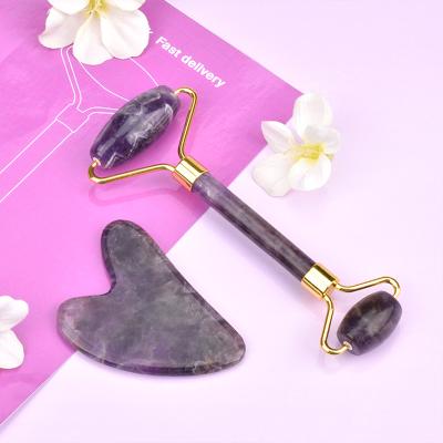 China Face and Neck Lift Natural Amethyst Jade Roller Jade Roller and Gua Sha Facial Tool Kit for sale