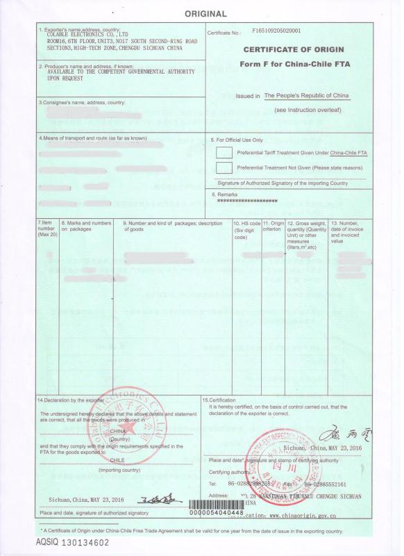 Certificate of Origin - Colable Electronics Co., Ltd.