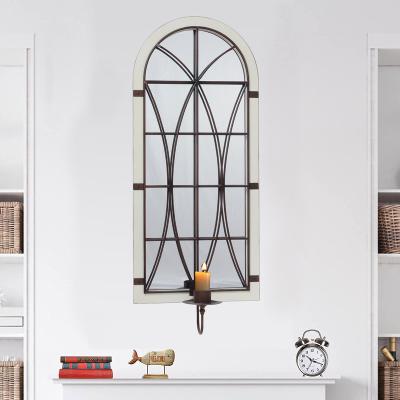 China Vintage Eco Friendly Farmhouse Wood Arched Fireplace Mantel Mirror , White Washed Wood Frame Wall Mirror With Vintage Metal Chandelier Frame for sale