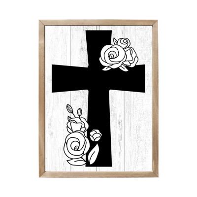 China Motivational Cross Flower Framed Wood Sign Inspired Europe Bedroom Wall Art Signs for sale