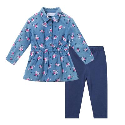 China Wholesale Sweet Middle East Long Sleevel Printed Children Cotton Girls 2PCS Pleated Denim Dress Set For Wedding Birthday Party for sale