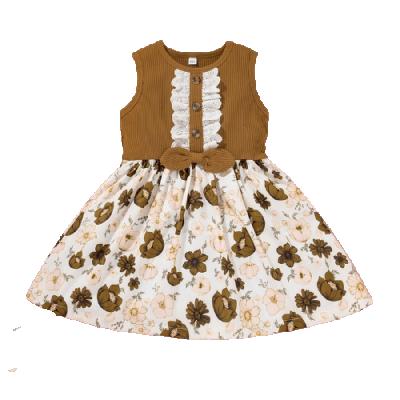 China 2021 Summer Breathable Ruffle Lace Button Bow Tie Floral Print Sleeveless Ball Gown O-Line Skirts Children Girls Kids Dresses for sale