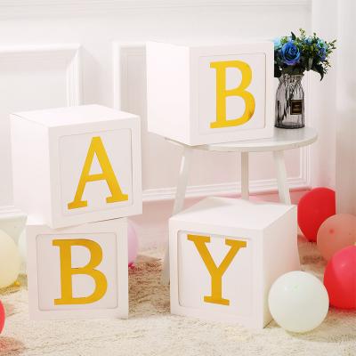 China Holiday Decorations Shower Blocks With Balloons Decorations Set White Transparent Boxes Gold BABY Letters Birthday Party Boxes For Party for sale