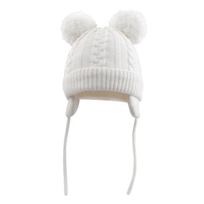 China COMMON Cute Baby Hat Earflap Winter Soft Rope Knit For First Steps Girls Beanie With Two Pompom Hat Baby Boys for sale