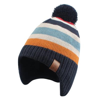 China COMMON Classic Stripe Winter Kids Unisex Baby Hat Boys Beanie Acrylic Polyester Girls Thick Knitted Pompom Hat for sale