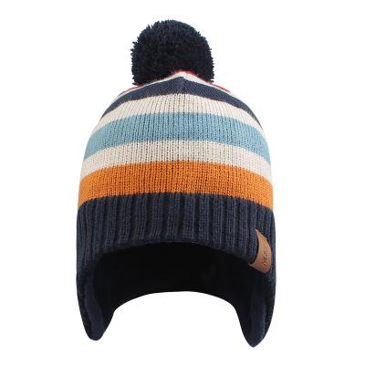 China COMMON Winter Earflap Hat With Stripe For Babies Boys 100% Beanie Kids Pompom Knitted Hats Acrylic Unisex for sale