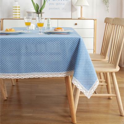 China Disposable Light Blue Table Cloth With White Polka Dot Woven Table Cloths For Outside And Inside Ornament Table Cloth for sale