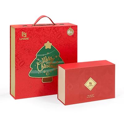 China Custom Luxury Red Magnetic Clamshell Christmas Theme Gift Box Bio-Degradable Rigid Magnetic Closure Box Packaging With Handle for sale