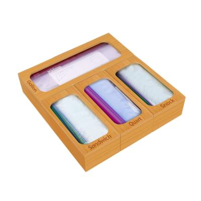 China Bamboo 4 Separate Baggie Organizer Sustainable Amazon Hot Bamboo Bag Storage Organizer Ziplock For Kitchen Drawer for sale