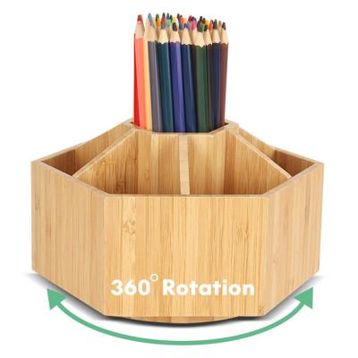 China Single Bamboo Bamboo Organizer Holder Rotating Pen Holder Office Morden Office Desk Storage Box for sale