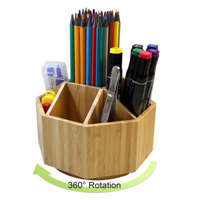 China Simple Bamboo Revolving Morden Pencil Holder Desktop Multifunctional Wooden Pen Holder Storage Box for sale