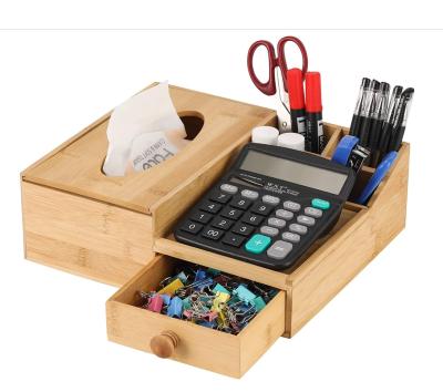 China Mid Century Modern Factory Customize Desk Organizer Wood Napkin Stationary Bamboo Holder Tissue Box With Drawer for sale