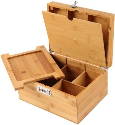 China Amazon Bamboo Luxury Wooden Cigar Box With 2 Tray Handmade Storage Humidor Bamboo Weed Stash Rolling Box With Coded Lock for sale