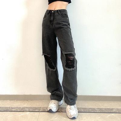 China Autumn Women Loose Solid Color Workable Jeans High Waist Ragged Spring Edge Ripped Long Wide Leg Denim Pants With Pockets for sale