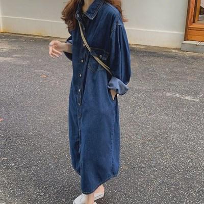 China Women Breathable Denim Lady Autumn Long Sleeve Shirt Dress With Pocket Button Casual Loose Dresses for sale