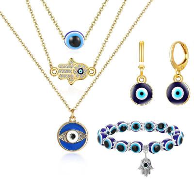 China New Amazon CLASSIC Famous Turkish Devil's Eyes Necklace Blue Eyes Bracelet Dangle Earring Set For Women Girls for sale