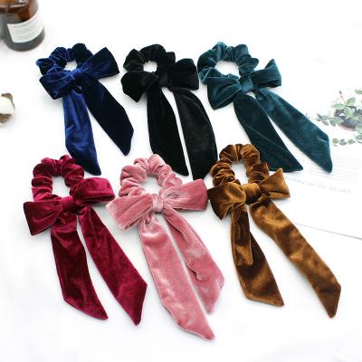 China New Women's Velvet Ponytail Scrunchies Big Long Hair Tie Bowknot Scarf Winter Style European and American Elastic Hair Accessories Holders for sale