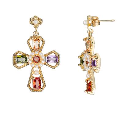 China Colorful Jewelry Gold Plated Zircon Wish Environmental Friendly Border Earrings New Exaggerated Personalized Cross Earrings For Women for sale