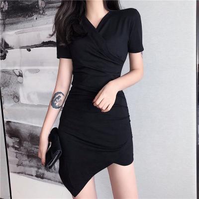 China 2020 New Design Anti-Static Wholesale Women Short Sleeve Irregular Dress Ladies Fashion V-neck Short Dresses for sale