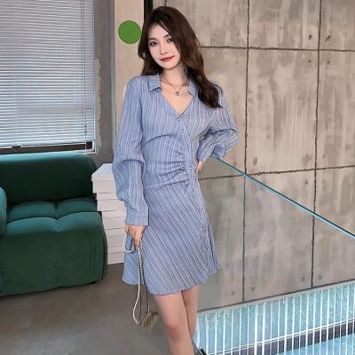 China 2021 Spring Women's One-Line Dress Anti-Static No Shorts Button Up Collar Long Sleeve V-Neck Midi Dress for sale