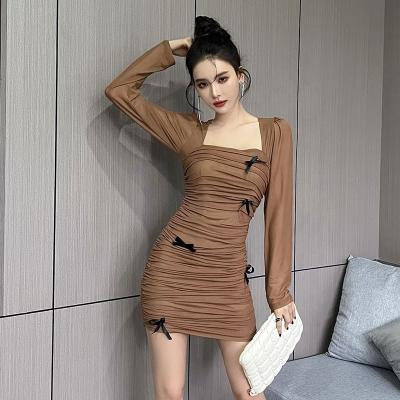 China 2022 Wholesale Anti-Static Sexy Women's Bodycon Dress Ladies Mini Dress Ladies Square Collar Long Sleeve Short Dress for sale