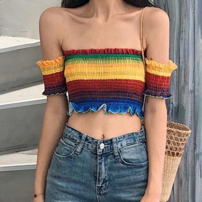 China Anti-pilling 2020 new design wholesale women fashion short sleeve rainbow crop top ladies casual blouse for sale