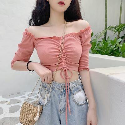 China Anti-pilling 2020 wholesale women fashion short sleeve drawstring crop top ladies off-shoulder blouses for sale