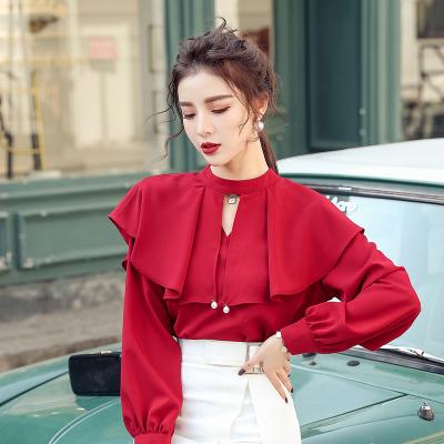 China Anti-pilling 2020 new design wholesale women french ruffled shawl shirt ladies sheath long v neckline chiffon blouses for sale