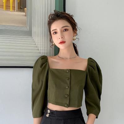 China Anti-pilling 2022 summer new fashion women's crop top women's button down short sleeve collar square blouse for sale