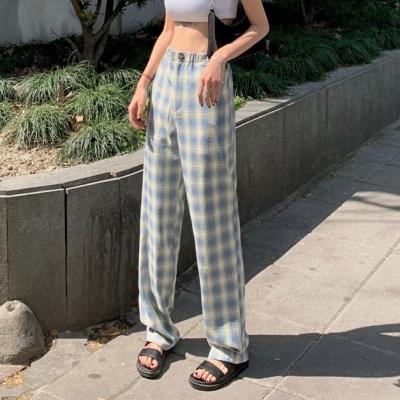 China 2020 Whole Sale Anti-Wrinkle High Quality Women Fashion Plaid Pants Ladies Casual Straight Leg Trousers for sale