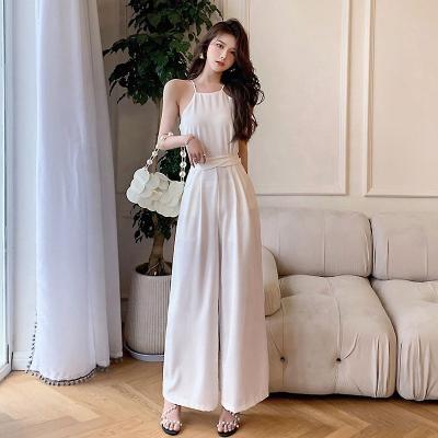 China 2021 New Arrivals Wholesale Women's Sexy Sleeveless Casual Overalls Solid White Wide Leg Long Pants Halter Collar Playsuit for sale