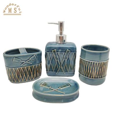 China Ocean Sustainable Style Blue Gift Soap Dispenser Sandstone Bathroom Sets For Homeware for sale