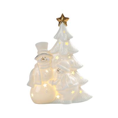 China Eco-friendly White Snowman Christmas Tree With Solar Light Christmas Porcelain Statue Winter Gifts For Home Decoration for sale