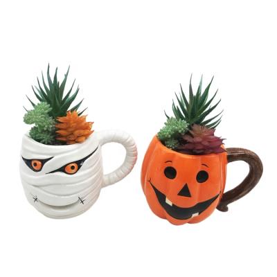 China Cute Creative Design Ceramic Mug Shape Mini Succulent Plant Pot With Typical Halloween Image For 2022 for sale